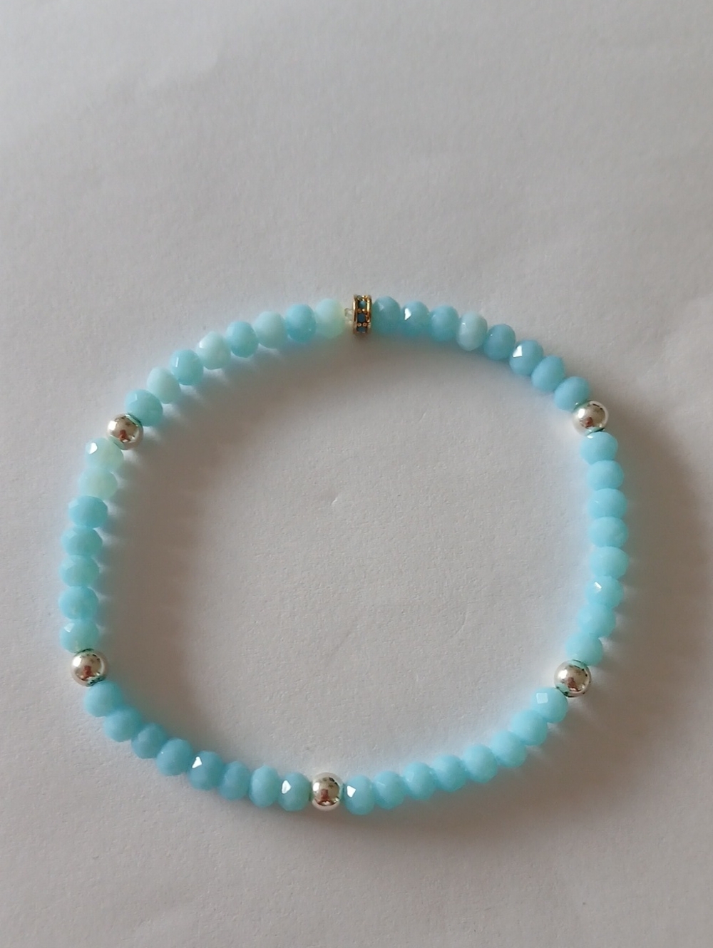 Light Blue Beaded Stretch Bracelet with sterling Silver 925 Accents
